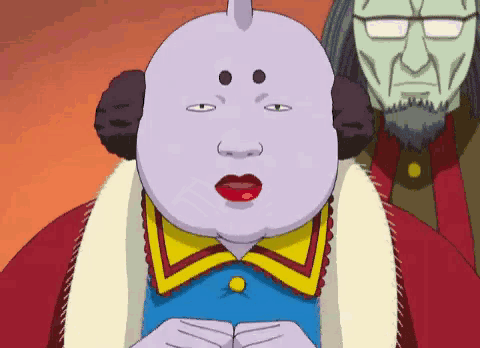 a cartoon character with a white face and a yellow collar is standing next to a man with glasses