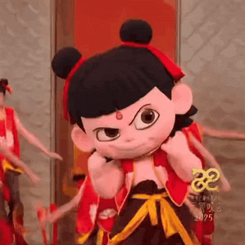 a cartoon character is standing in front of a group of people dancing .