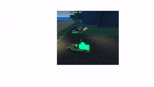 a screenshot of a video game shows a green car driving down a road near a beach