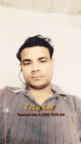 a man wearing a striped shirt with friday mood written on the front