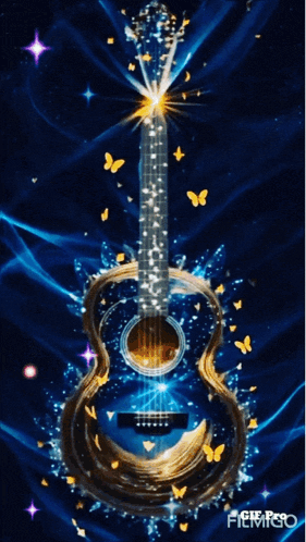 a guitar is surrounded by butterflies and snowflakes