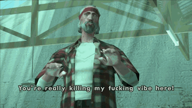 a man in a plaid shirt says you 're really killing my vibe here
