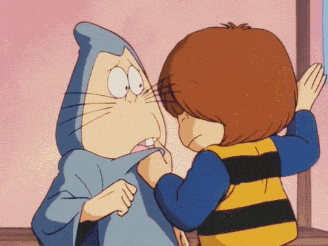 two cartoon characters are standing next to each other and one has a blue hood on