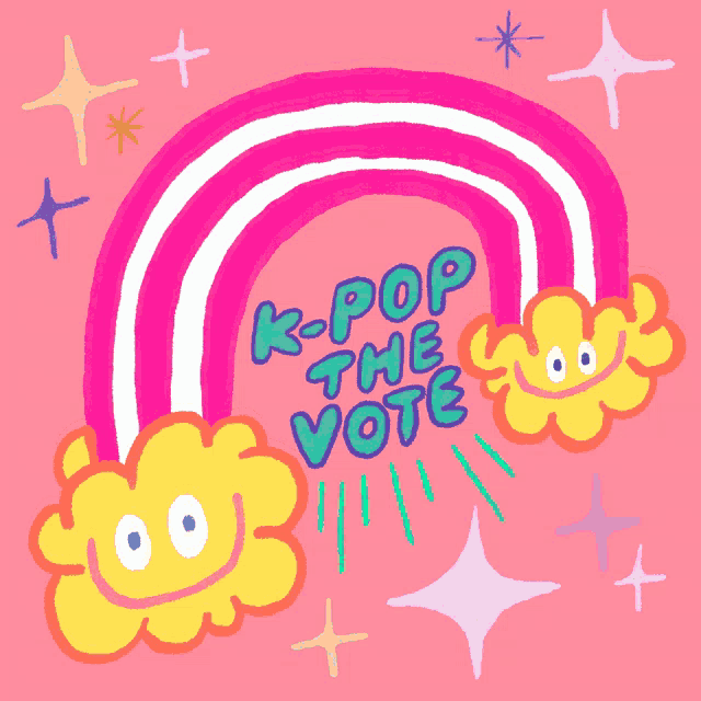 a pink background with a rainbow and the words k-pop the vote on it