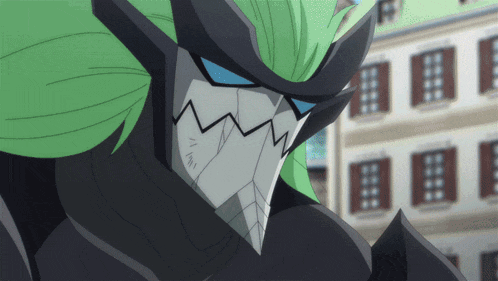 a cartoon character with green hair and a mask