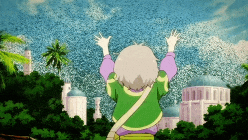 a girl in a green and purple shirt stands in front of a castle