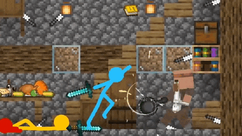 a blue stick figure holding a diamond sword in a video game
