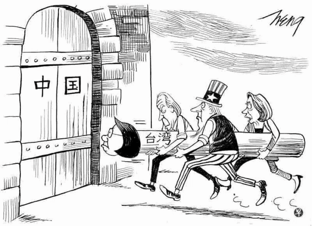 a black and white cartoon of a group of people carrying a man 's head through a doorway .