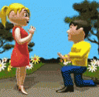 a cartoon of a man kneeling down to propose to a girl