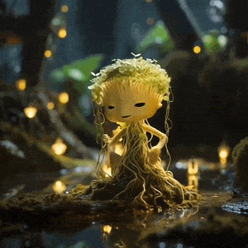 a figurine of a plant with roots and leaves on it 's head