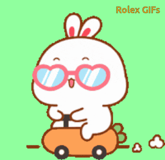a cartoon bunny wearing heart shaped sunglasses is riding a toy car