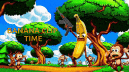 a cartoon scene with monkeys and a banana holding a gun with the words banana clip time below it