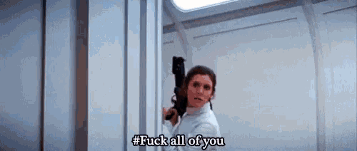 princess leia is holding a gun and saying `` fuck all of you '' .