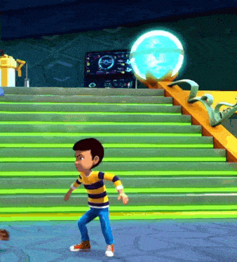 a boy in a yellow and black striped shirt is standing on a set of green stairs
