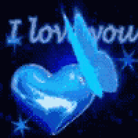 a blue heart with a butterfly on it and the words `` i love you '' written on it .
