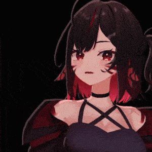 a girl with black hair and red highlights is wearing a choker around her neck