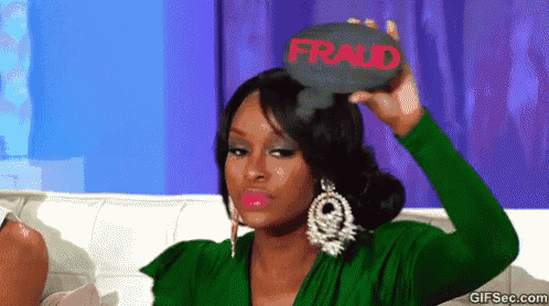 a woman in a green dress holds up a speech bubble that says fraud