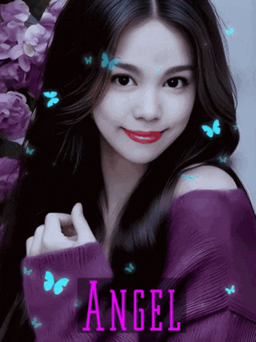 a woman in a purple sweater is surrounded by butterflies and the name angel