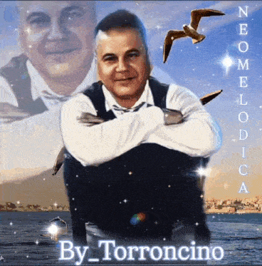 a man with his arms crossed is surrounded by seagulls and the name torrocino