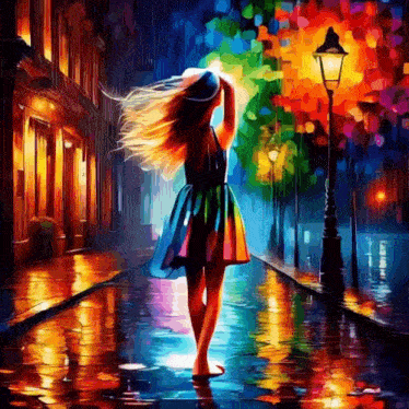 a colorful painting of a woman in a rainbow dress walking down a wet street