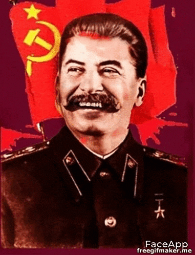 a man with a mustache and a hammer and sickle on his head is smiling in front of a red flag .