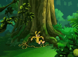 a cartoon of a monkey hanging from a tree in the jungle