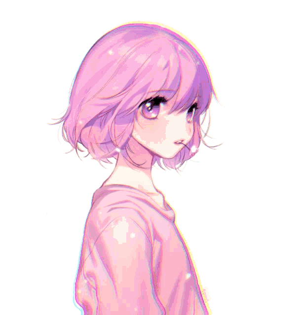a girl with short pink hair and blue eyes is wearing a pink shirt