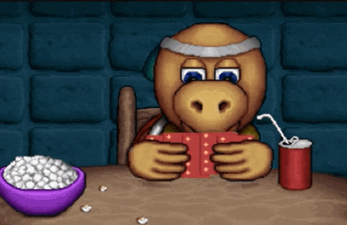 a cartoon character sits at a table with a bowl of marshmallows and a can of soda