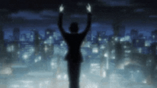 a silhouette of a woman standing in front of a city at night with her hands in the air .