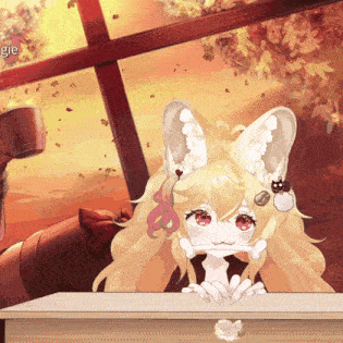 a girl with a cat on her ear sits at a table in front of a window with the word gle visible