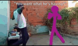 a man standing next to a purple stick figure with the words " you want what he 's having " written above him