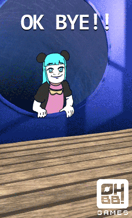 a cartoon character says " ok bye " in white letters on a blue background
