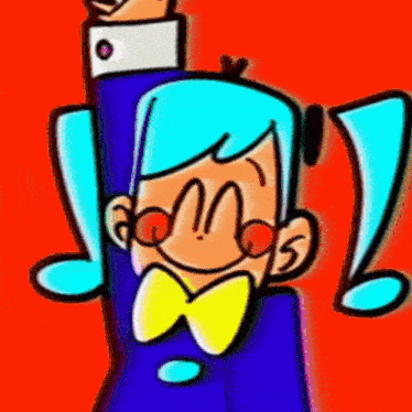 a cartoon character with blue hair and a yellow bow tie is raising his fist