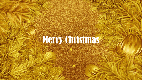 a merry christmas greeting card with golden christmas decorations