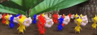 a group of cartoon characters are standing next to each other in front of a plant .