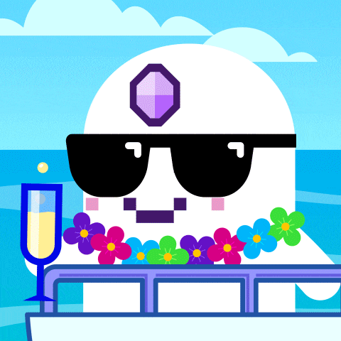 a cartoon character wearing sunglasses and a purple diamond on his head