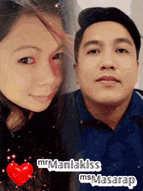 a man and a woman are posing for a picture with the words mrmaniakiss msmasrap below them