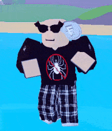 a roblox character wearing a black shirt with a spider on it is holding a coin .