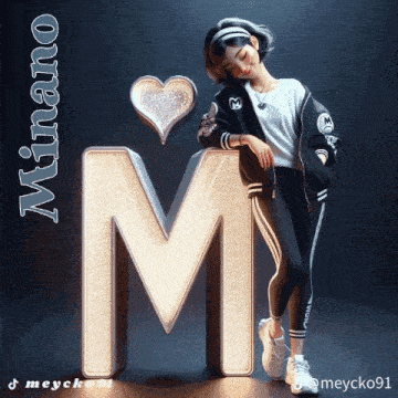 a girl leaning on a large letter m with the name minano on the bottom
