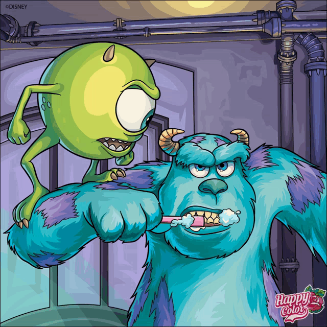 mike and sully from monsters inc brushing their teeth with a toothbrush