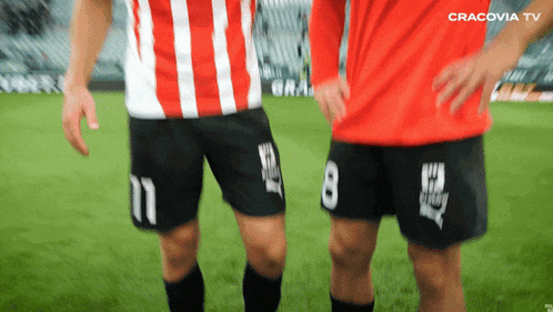two soccer players standing on a field with cracovia tv written on the bottom