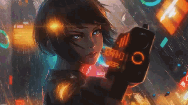 a painting of a girl holding a gun with a sign that says brand