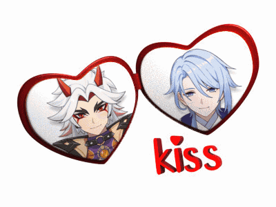 two anime hearts with the word kiss in red