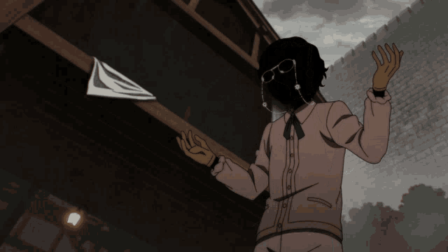 a cartoon character is throwing a paper airplane