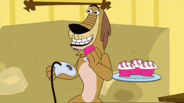 a cartoon dog with a cane and cupcakes on a tray