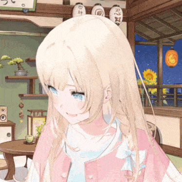 a girl with blonde hair and blue eyes is in a room with lanterns on the shelf