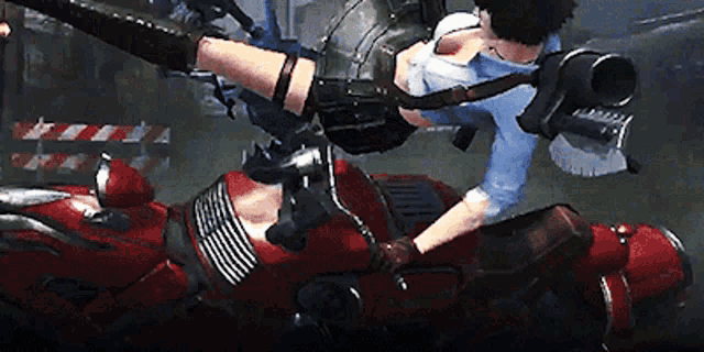 a man and woman are riding a red motorcycle in a video game