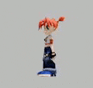 a cartoon character with red hair and blue jeans is standing on a white background .