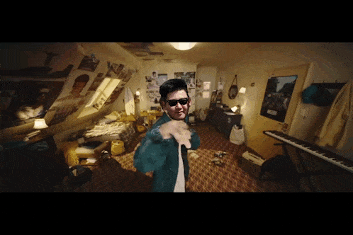 a man wearing sunglasses is standing in a messy room with a piano