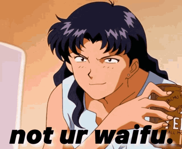 a cartoon of a woman holding a can of coffee with the words not ur waifu